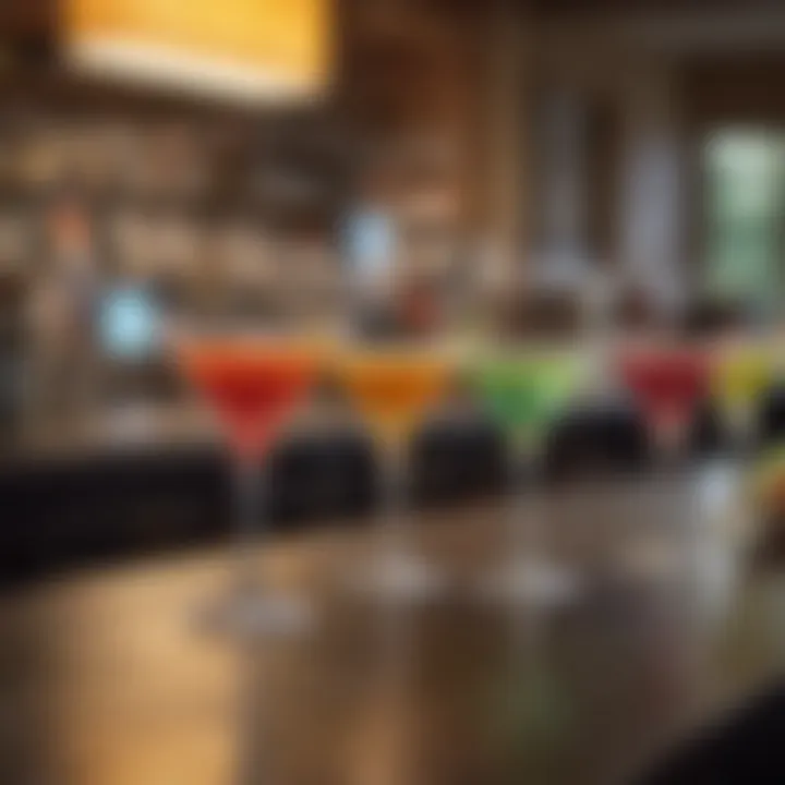 Colorful martini variations on a stylish bar counter