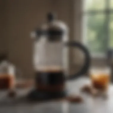 Coffee grounds and hot water in a French press, illustrating brewing