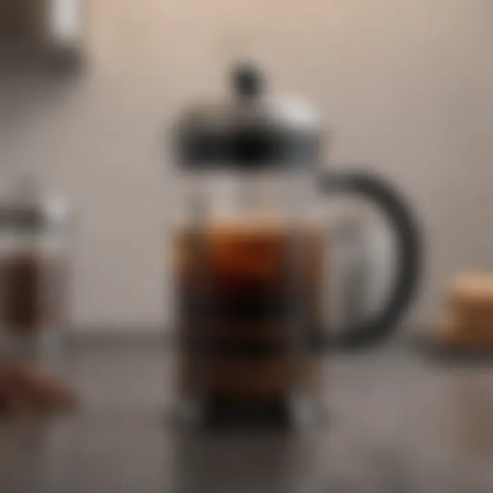 Components of a French press laid out on a kitchen counter