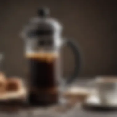 Close-up of a French press with freshly brewed coffee