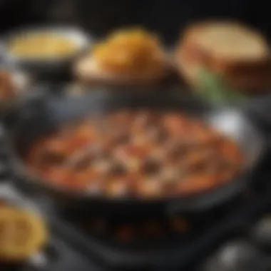 Skillet Cooking Techniques A skillet on a stovetop with delicious food sizzling