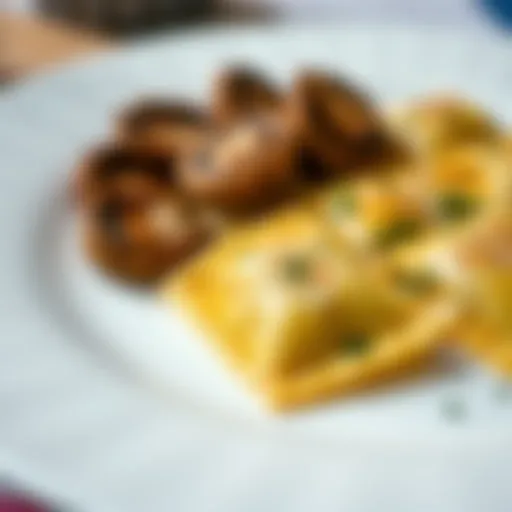 A close-up of a plate of mushroom ravioli garnished with herbs