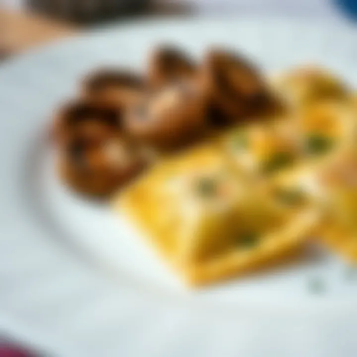 A close-up of a plate of mushroom ravioli garnished with herbs