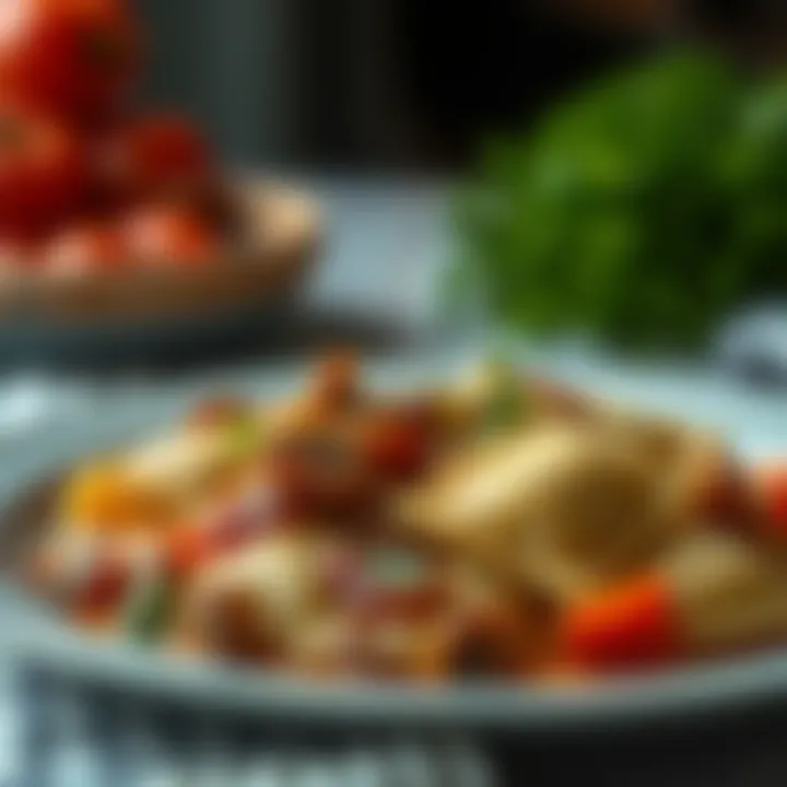 A creative dish featuring mushroom ravioli with seasonal vegetables