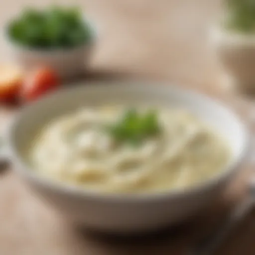 A bowl of creamy Alfredo sauce with fresh herbs