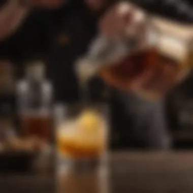 A bartender skillfully pouring whiskey into a glass with an elegant presentation