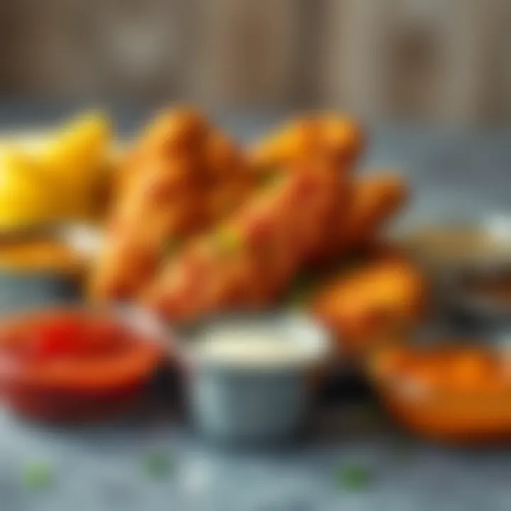 An artistic display of ranch fried chicken wings paired with various sauces