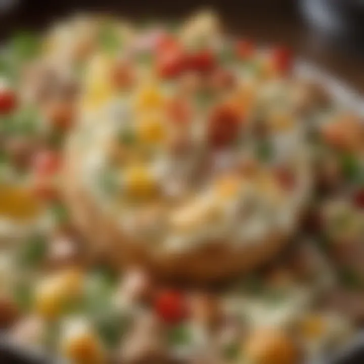 Close-up of the creamy texture of baked loaded potato salad with herbs and toppings.