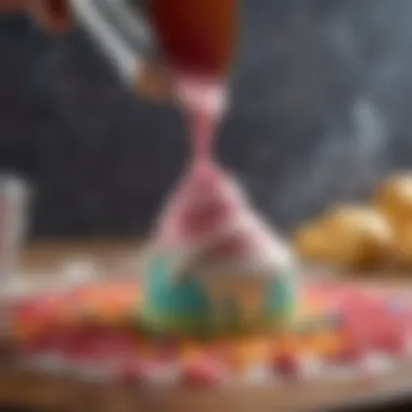 A close-up of a piping bag being filled with colorful frosting.