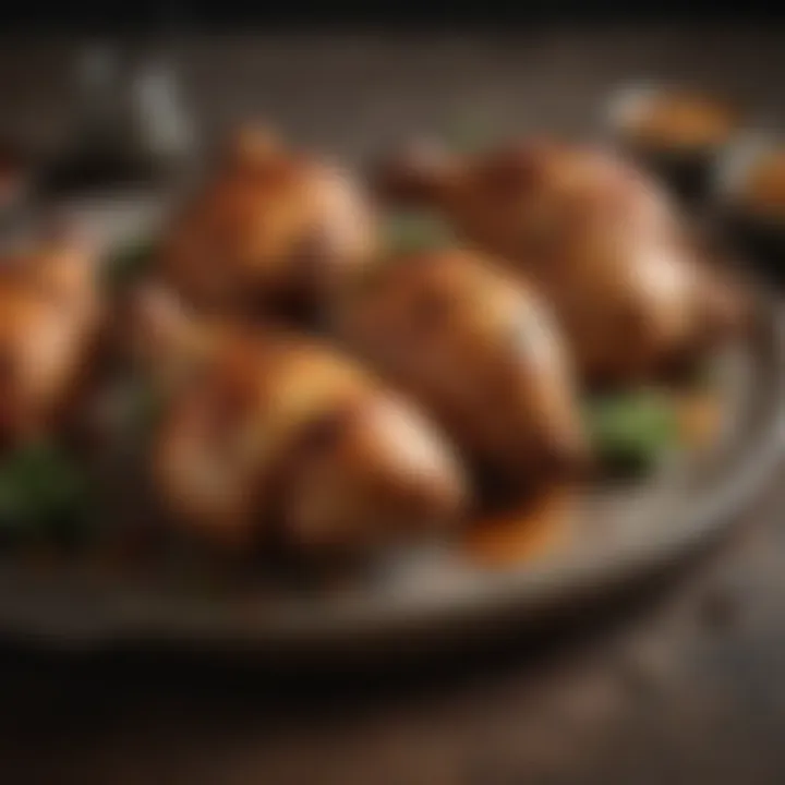 Juicy baked chicken drumsticks arranged on a platter