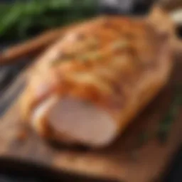 A beautifully seasoned chicken breast resting on a cutting board