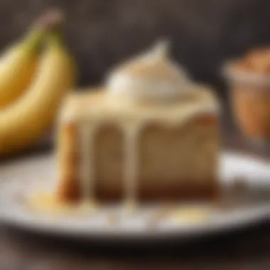 Indulgent Banana Cake Slice Delicious slice of banana cake topped with cream