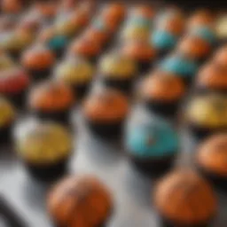 A stunning display of basketball-themed cupcakes decorated with vibrant colors and intricate designs