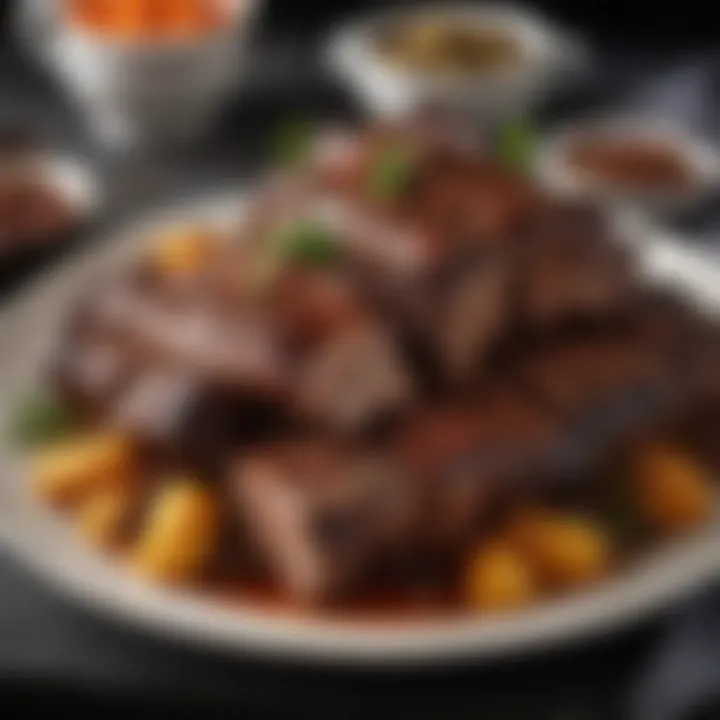 An elegant plate of beef ribs served with garnishes and sides.