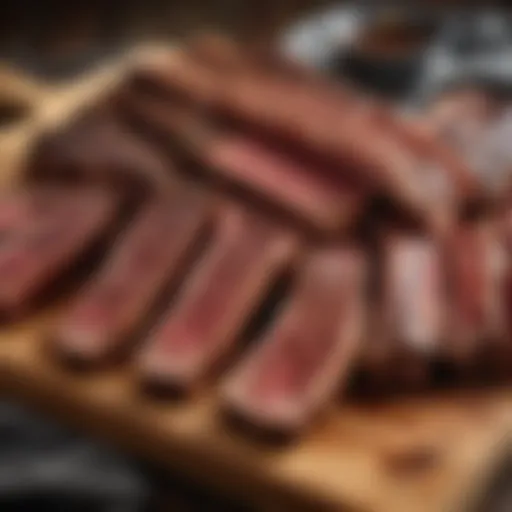 A selection of beef rib cuts laid out on a wooden cutting board.
