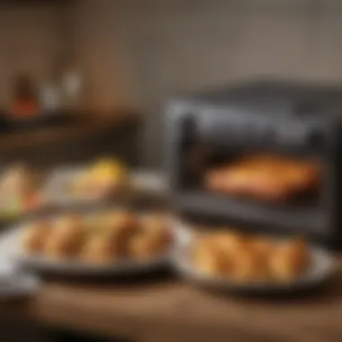 Assorted dishes prepared using an air fryer toaster oven, illustrating its versatility in the kitchen.