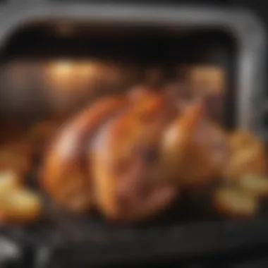 Delicious rotisserie chicken cooked in an air fryer toaster oven, highlighting its culinary capabilities.