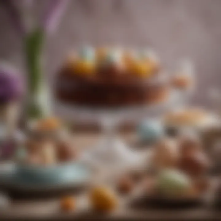 An elegant dessert table showcasing an array of Easter-themed treats like chocolate eggs and festive cakes.