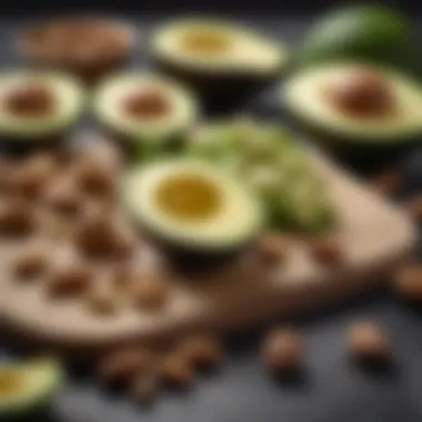 Healthy fats from avocados and nuts, showcasing their role in a balanced diet