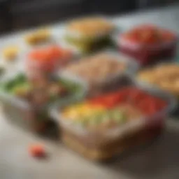 Colorful array of meal prep containers filled with healthy foods