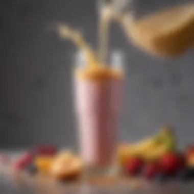 Close-up of fresh fruits being blended with almond milk