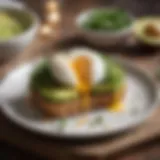 Plated avocado toast topped with poached eggs and microgreens