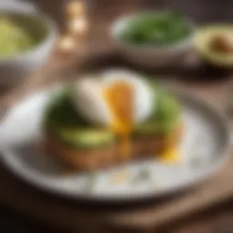 Plated avocado toast topped with poached eggs and microgreens