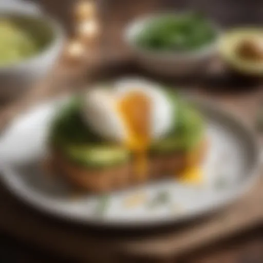 Plated avocado toast topped with poached eggs and microgreens