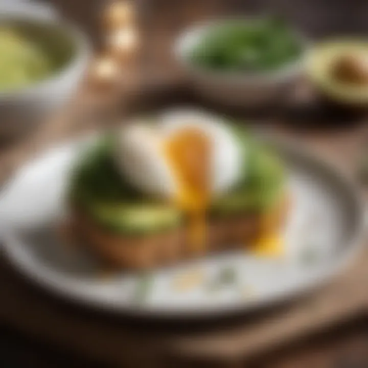 Plated avocado toast topped with poached eggs and microgreens