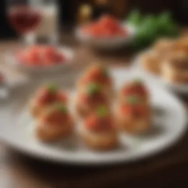 An elegant dining setting featuring bruschetta as an appetizer