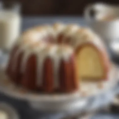 A bundt cake elegantly draped with cream cheese frosting