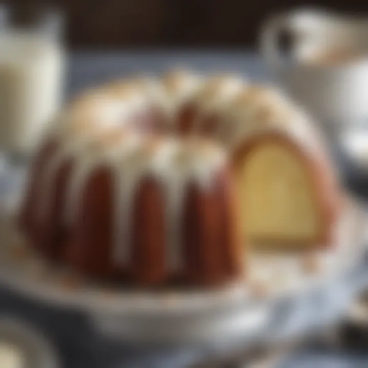 A bundt cake elegantly draped with cream cheese frosting