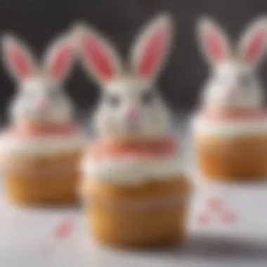 Close-up view of unique bunny cupcake decorations, showcasing creative icing techniques.