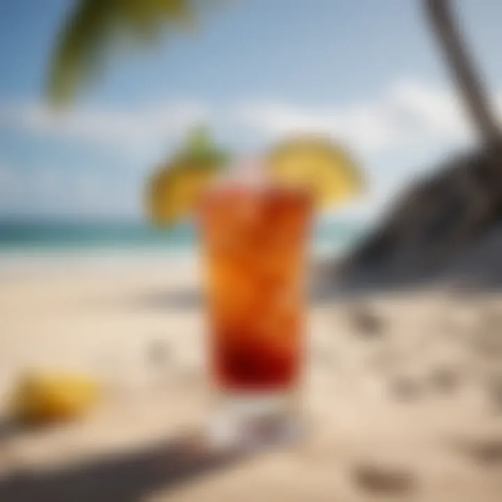 An artful presentation of the Captain Morgan Bahama Mama with a beach backdrop