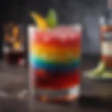 A close-up view of the colorful layers in a Captain Morgan Bahama Mama cocktail