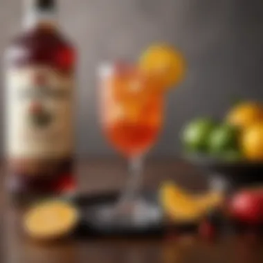 A collection of ingredients for the Captain Morgan Bahama Mama, including rum and fruit juices