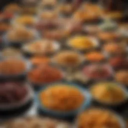 A vibrant display of carnival food, showcasing colorful dishes on a festive table.