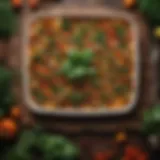 A colorful vegetable casserole adorned with fresh herbs