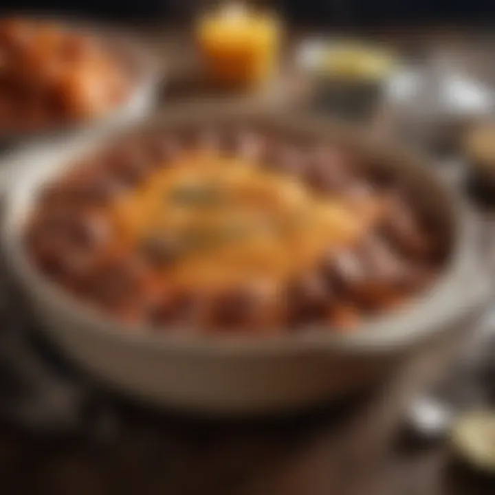 Savory meat casserole bubbling in a ceramic dish