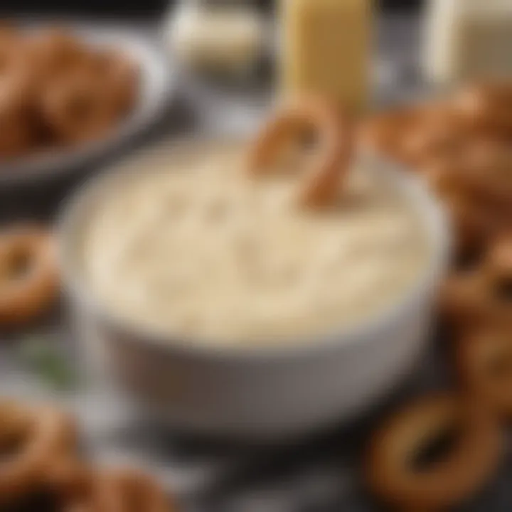 Close-up of a creamy cheese dip with hard pretzels