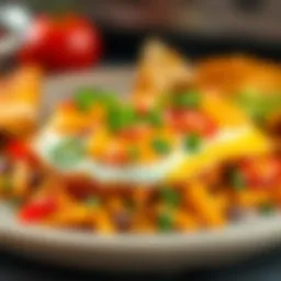 A vibrant plate of cheesy fried eggs over nacho potato hash, showcasing a colorful array of ingredients.