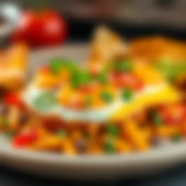 A vibrant plate of cheesy fried eggs over nacho potato hash, showcasing a colorful array of ingredients.
