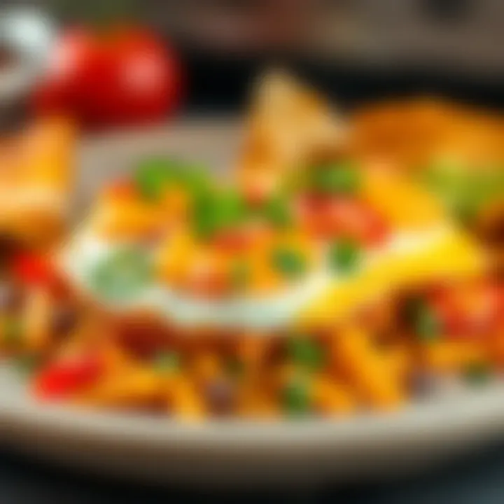 A vibrant plate of cheesy fried eggs over nacho potato hash, showcasing a colorful array of ingredients.