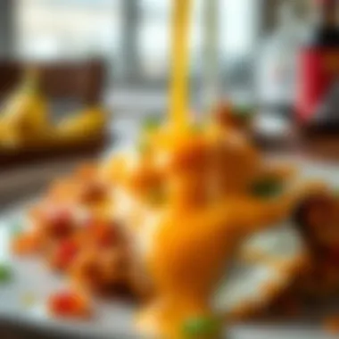 Close-up of melted cheese draping over perfectly fried eggs on a hearty potato base.