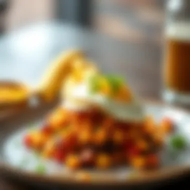 An artistically arranged plate highlighting the textures and colors of nacho potato hash with eggs.