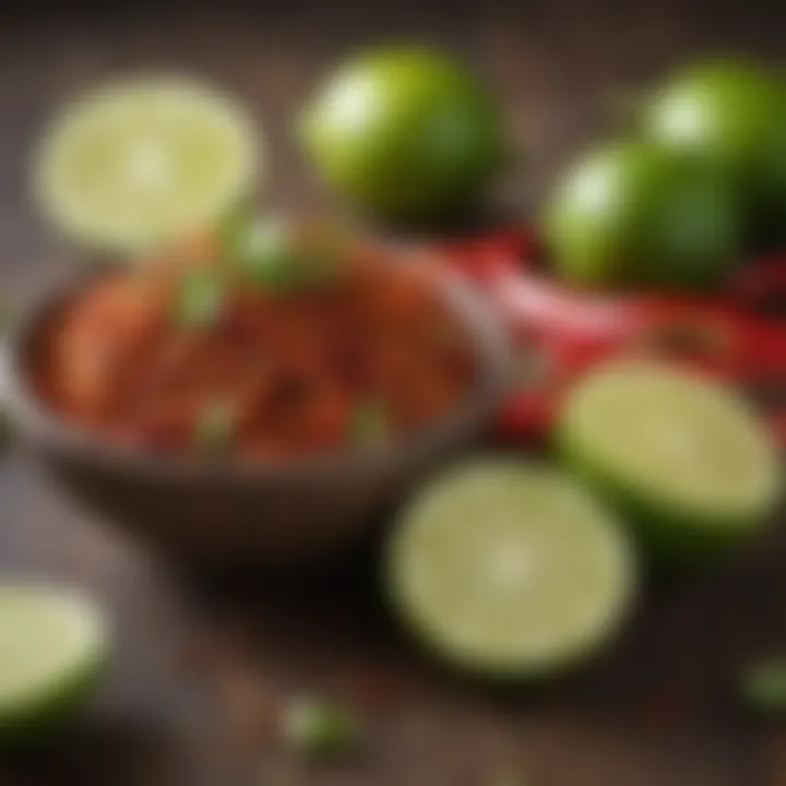 A vibrant display of chilli lime seasoning ingredients including fresh chilies and limes.