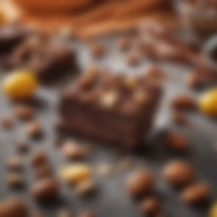 A vibrant display of chewy chocolate paired with fruits and nuts, emphasizing flavor combinations