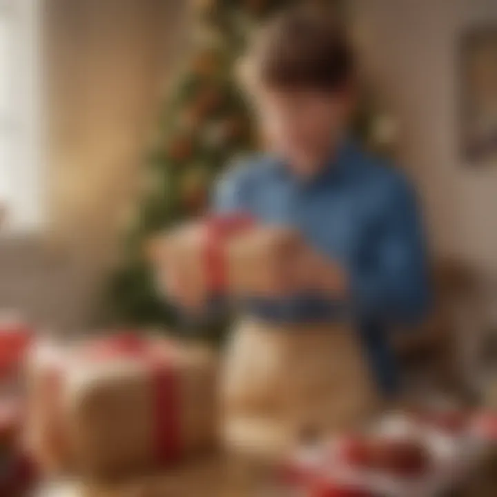 A boy happily unwrapping a present at a festive occasion