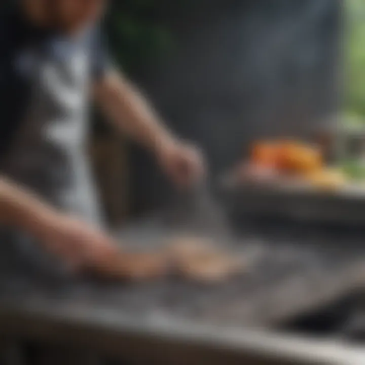 A person demonstrating a cleaning technique on a stainless steel grill.