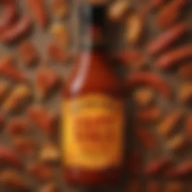 A close-up of a bottle of Hot Ones sauce, emphasizing its intricate design and texture.